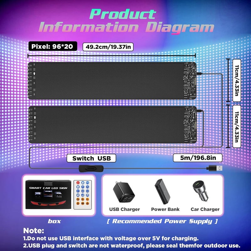 Dienspeak Devil Eyes Light for Windshield, 2PSC - 19.3"x4.3" Led Eyes, Led Flexible Film Screen for Cars, SUVs & Trucks, Programmable USB Matrix Panel, App/Remote Control, Custom Car Sign, IP65 Waterproof - Image 2